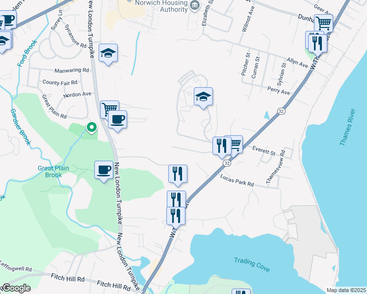 map of restaurants, bars, coffee shops, grocery stores, and more near 527 West Thames Street in Norwich