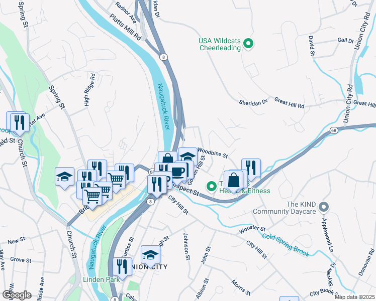 map of restaurants, bars, coffee shops, grocery stores, and more near 24 Wood Street in Naugatuck