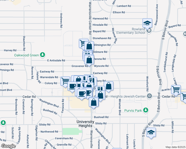 map of restaurants, bars, coffee shops, grocery stores, and more near 4015 Colony Road in South Euclid