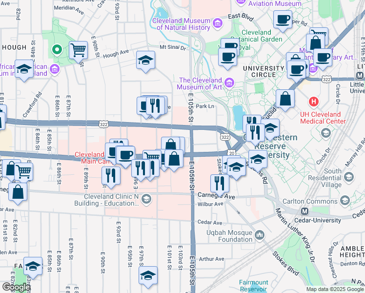 map of restaurants, bars, coffee shops, grocery stores, and more near 10200-10340 Euclid Avenue in Cleveland