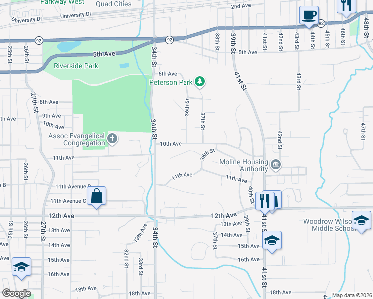 map of restaurants, bars, coffee shops, grocery stores, and more near 3728 10th Avenue Court in Moline