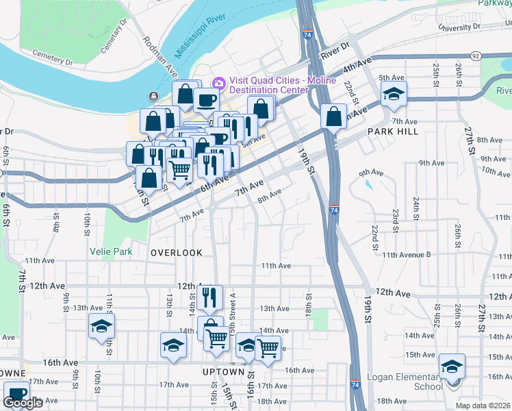 map of restaurants, bars, coffee shops, grocery stores, and more near in Moline