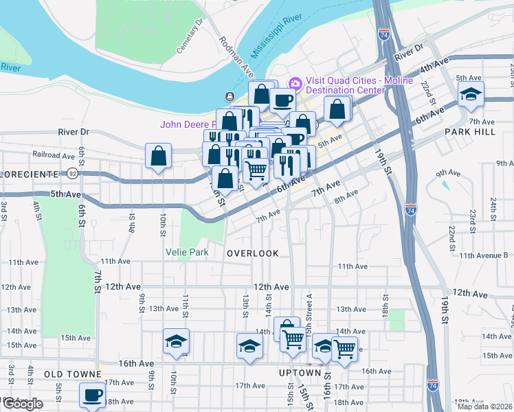 map of restaurants, bars, coffee shops, grocery stores, and more near 1322 7th Avenue in Moline