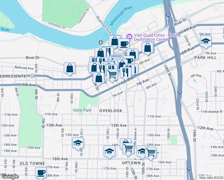 map of restaurants, bars, coffee shops, grocery stores, and more near 1322 7th Avenue in Moline