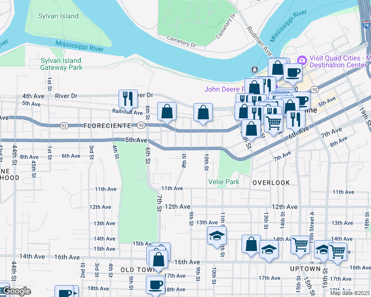 map of restaurants, bars, coffee shops, grocery stores, and more near 514 8th Street in Moline