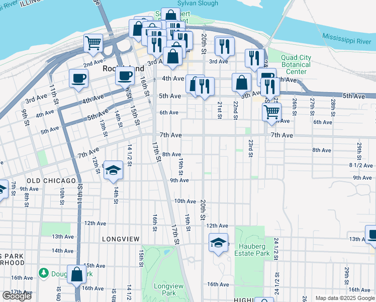 map of restaurants, bars, coffee shops, grocery stores, and more near 1920 8th Avenue in Rock Island