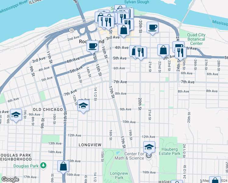map of restaurants, bars, coffee shops, grocery stores, and more near 760 17 St/1519 8 Avenue in Rock Island