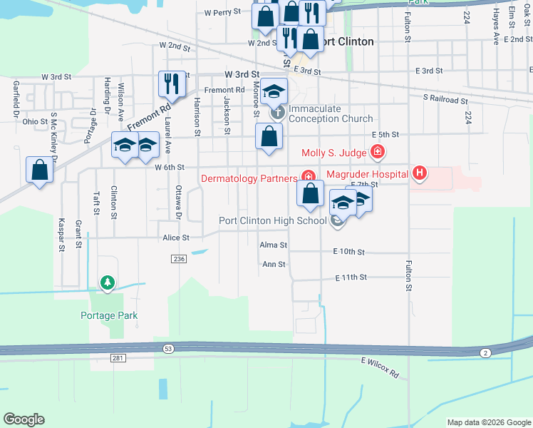 map of restaurants, bars, coffee shops, grocery stores, and more near 729 Monroe Street in Port Clinton
