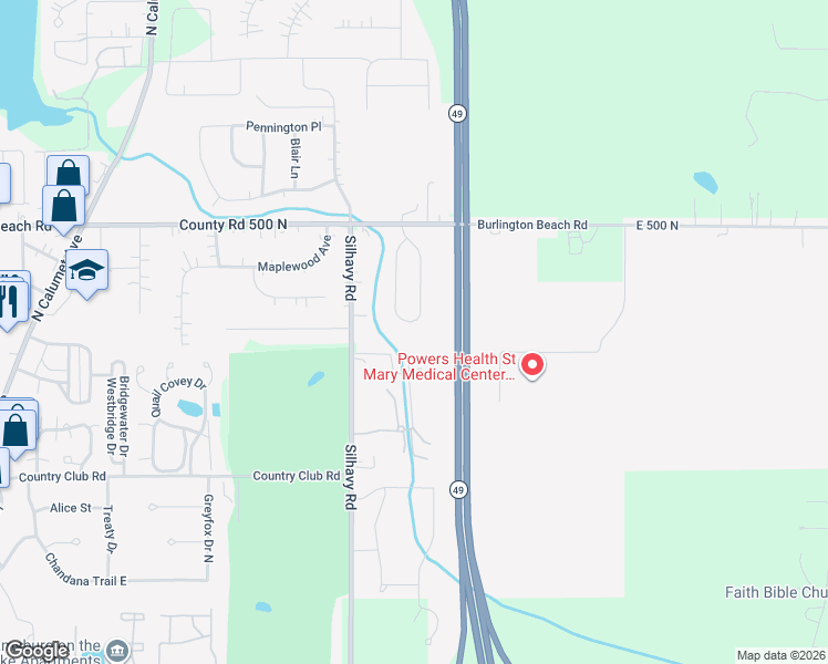 map of restaurants, bars, coffee shops, grocery stores, and more near 3900 Executive Drive in Valparaiso
