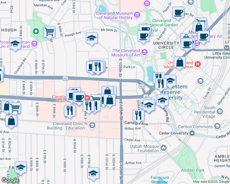 map of restaurants, bars, coffee shops, grocery stores, and more near 10415 Euclid Avenue in Cleveland