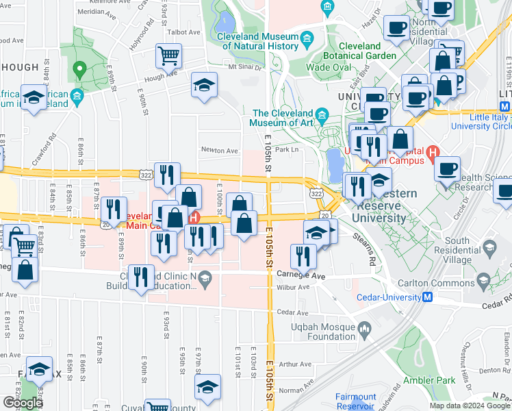 map of restaurants, bars, coffee shops, grocery stores, and more near 10415 Euclid Avenue in Cleveland