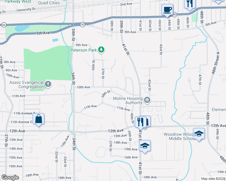 map of restaurants, bars, coffee shops, grocery stores, and more near 3801 10th Avenue Court in Moline