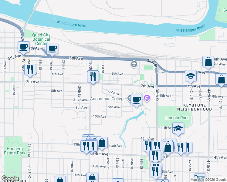 map of restaurants, bars, coffee shops, grocery stores, and more near 3325 7 1/2 Avenue in Rock Island