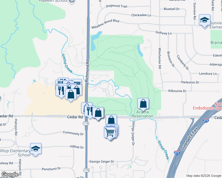 map of restaurants, bars, coffee shops, grocery stores, and more near 5133-5299 3 Village Drive in Lyndhurst