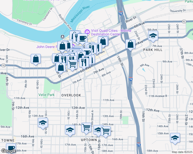 map of restaurants, bars, coffee shops, grocery stores, and more near in Moline