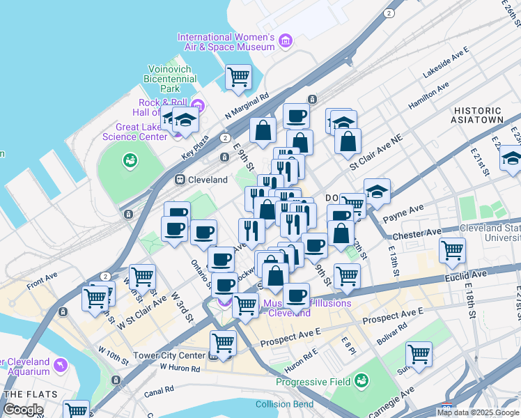 map of restaurants, bars, coffee shops, grocery stores, and more near in Cleveland