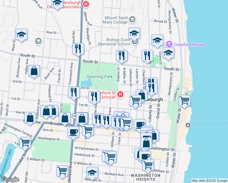 map of restaurants, bars, coffee shops, grocery stores, and more near 201 3rd Street in Newburgh