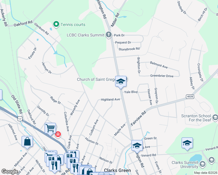 map of restaurants, bars, coffee shops, grocery stores, and more near 335 N Abington Rd in Clarks Green