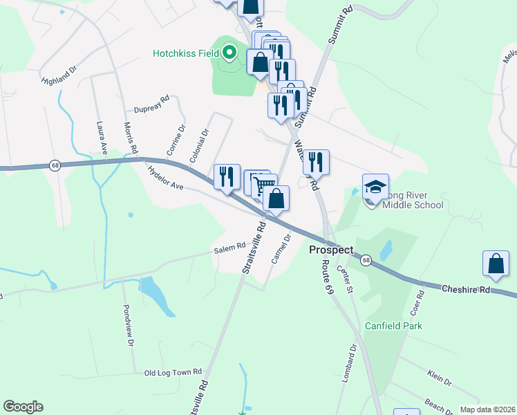 map of restaurants, bars, coffee shops, grocery stores, and more near 24 City Brook Road in Naugatuck