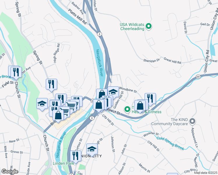 map of restaurants, bars, coffee shops, grocery stores, and more near 13 Woodbine Street in Naugatuck