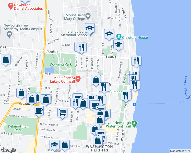 map of restaurants, bars, coffee shops, grocery stores, and more near 123 Chambers Street in Newburgh