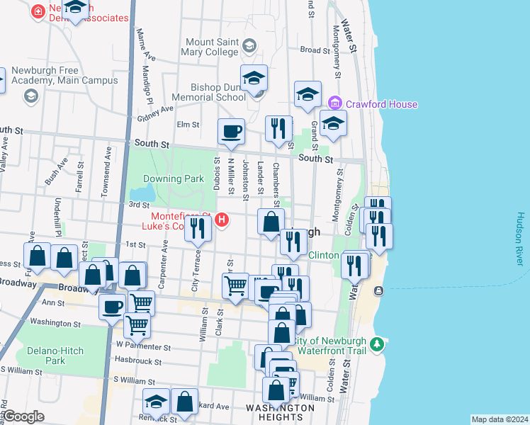 map of restaurants, bars, coffee shops, grocery stores, and more near 123 Chambers Street in Newburgh