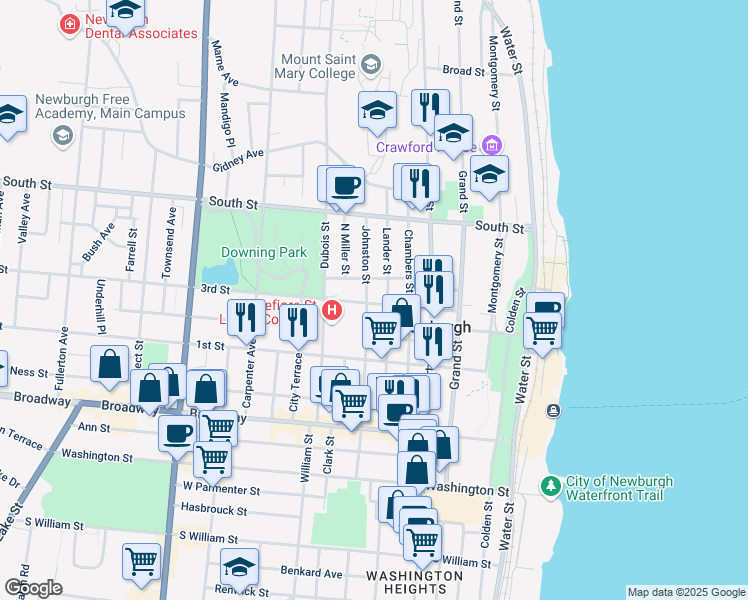 map of restaurants, bars, coffee shops, grocery stores, and more near 44 Farrington Street in Newburgh