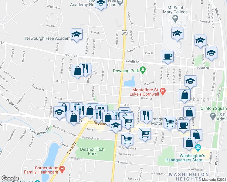 map of restaurants, bars, coffee shops, grocery stores, and more near 23 Townsend Avenue in Newburgh
