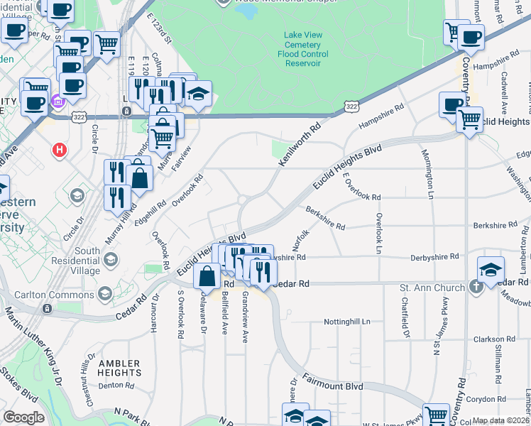 map of restaurants, bars, coffee shops, grocery stores, and more near 2452 Kenilworth Road in Cleveland Heights