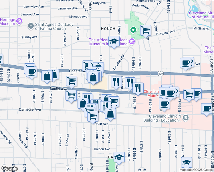 map of restaurants, bars, coffee shops, grocery stores, and more near 1952 East 82nd Street in Cleveland
