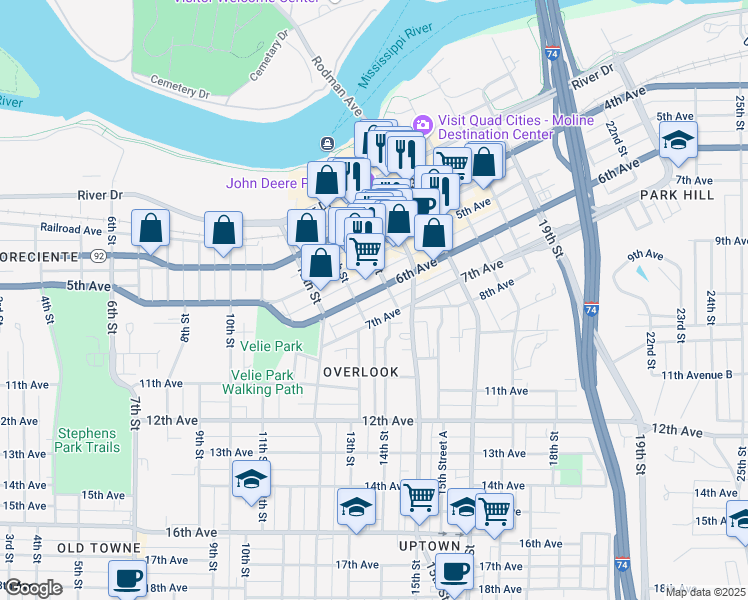 map of restaurants, bars, coffee shops, grocery stores, and more near 519 14th Street in Moline
