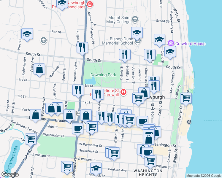 map of restaurants, bars, coffee shops, grocery stores, and more near 207 3rd Street in Newburgh