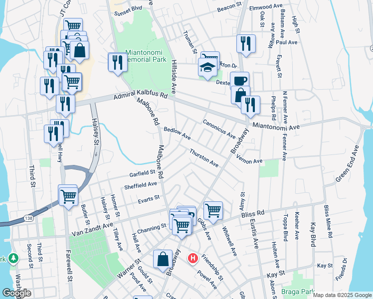 map of restaurants, bars, coffee shops, grocery stores, and more near 1 Burdick Avenue in Newport