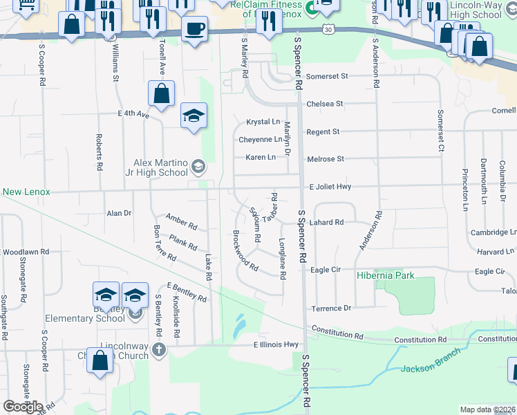 map of restaurants, bars, coffee shops, grocery stores, and more near 703 Tauber Road in New Lenox