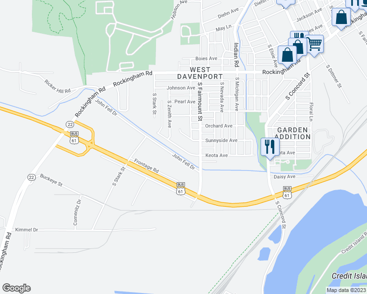 map of restaurants, bars, coffee shops, grocery stores, and more near 3744 Keota Avenue in Davenport