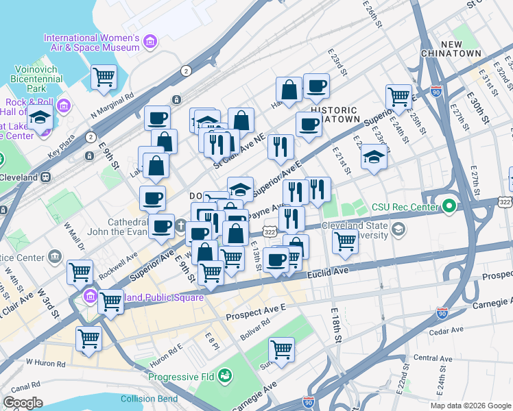 map of restaurants, bars, coffee shops, grocery stores, and more near 1415 Superior Avenue in Cleveland