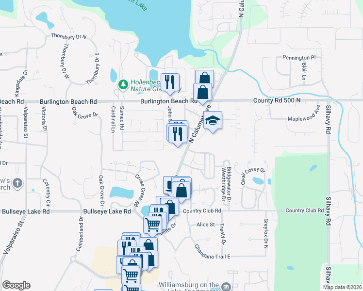 map of restaurants, bars, coffee shops, grocery stores, and more near 4199 Charles Street in Valparaiso