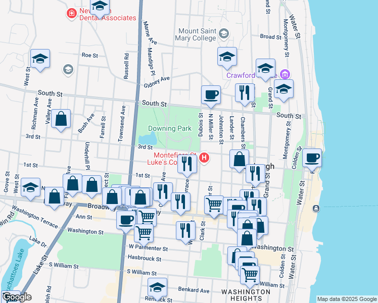 map of restaurants, bars, coffee shops, grocery stores, and more near 120 City Terrace in Newburgh