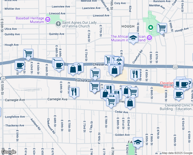 map of restaurants, bars, coffee shops, grocery stores, and more near 7515 Euclid Avenue in Cleveland