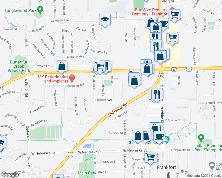 map of restaurants, bars, coffee shops, grocery stores, and more near 248 Elm Street in Frankfort