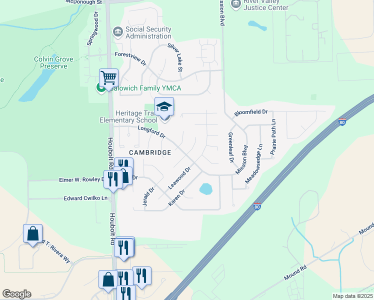map of restaurants, bars, coffee shops, grocery stores, and more near 953 Surrey Court in Joliet