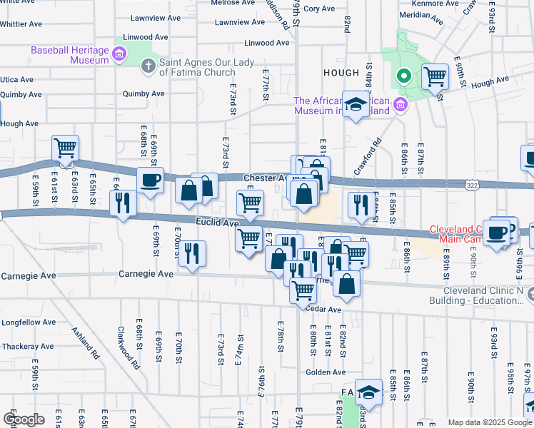 map of restaurants, bars, coffee shops, grocery stores, and more near 7609 Euclid Avenue in Cleveland