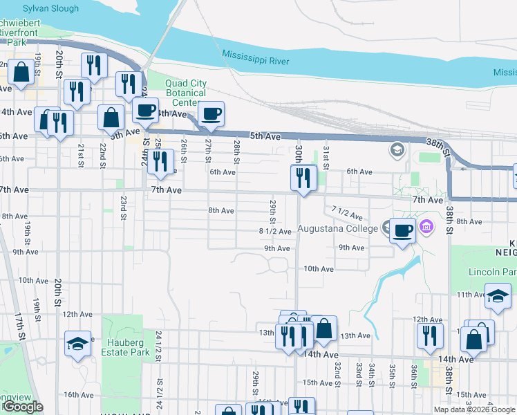 map of restaurants, bars, coffee shops, grocery stores, and more near 2833 8th Avenue in Rock Island