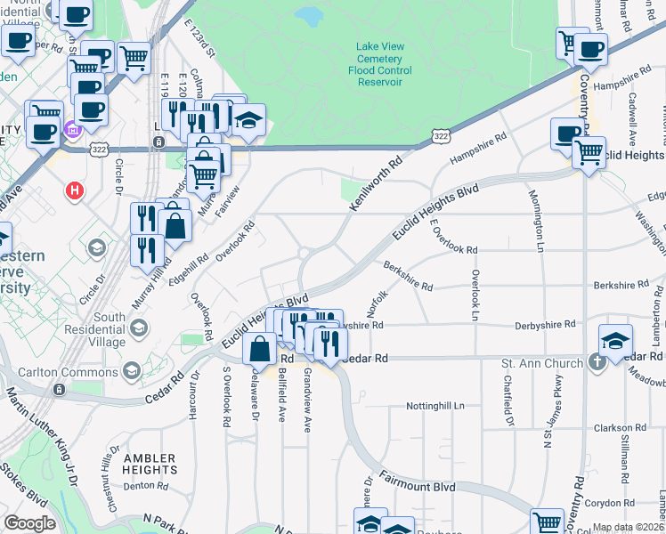 map of restaurants, bars, coffee shops, grocery stores, and more near 2452 Kenilworth Road in Cleveland Heights