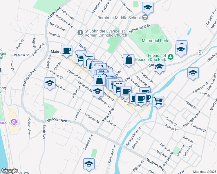 map of restaurants, bars, coffee shops, grocery stores, and more near 344 Main Street in Beacon