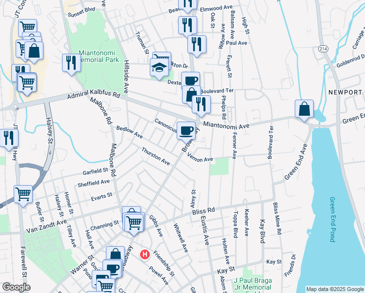 map of restaurants, bars, coffee shops, grocery stores, and more near 2 Rowland Road in Newport