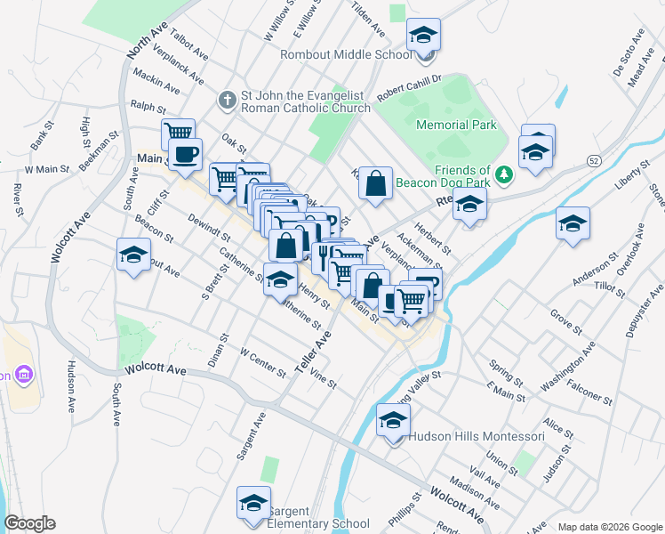 map of restaurants, bars, coffee shops, grocery stores, and more near 344 Main Street in Beacon