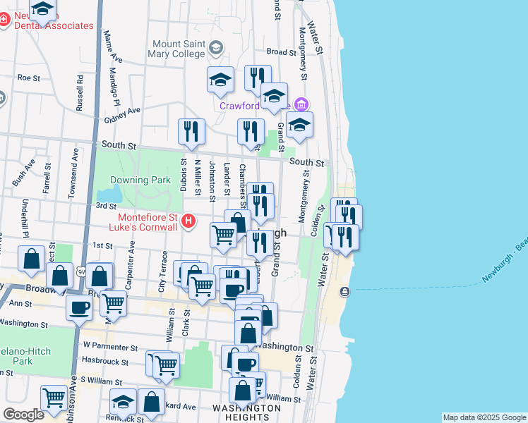 map of restaurants, bars, coffee shops, grocery stores, and more near 10 Catherine Street in Newburgh
