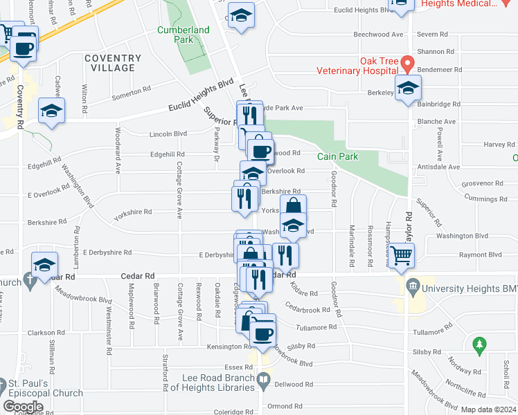 map of restaurants, bars, coffee shops, grocery stores, and more near 1559 Lee Road in Cleveland Heights