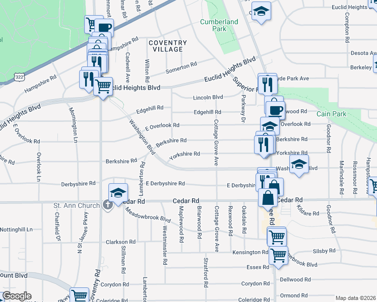 map of restaurants, bars, coffee shops, grocery stores, and more near 2990 Berkshire Road in Cleveland Heights